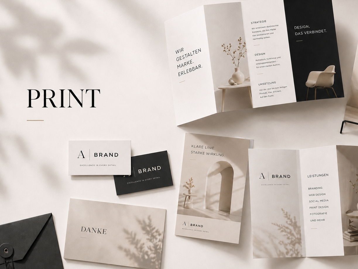 Hochwertiges Printdesign sorgt für einen professionellen ersten Eindruck.
Ich gestalte individuelle Druckprodukte wie Flyer, Visitenkarten, 