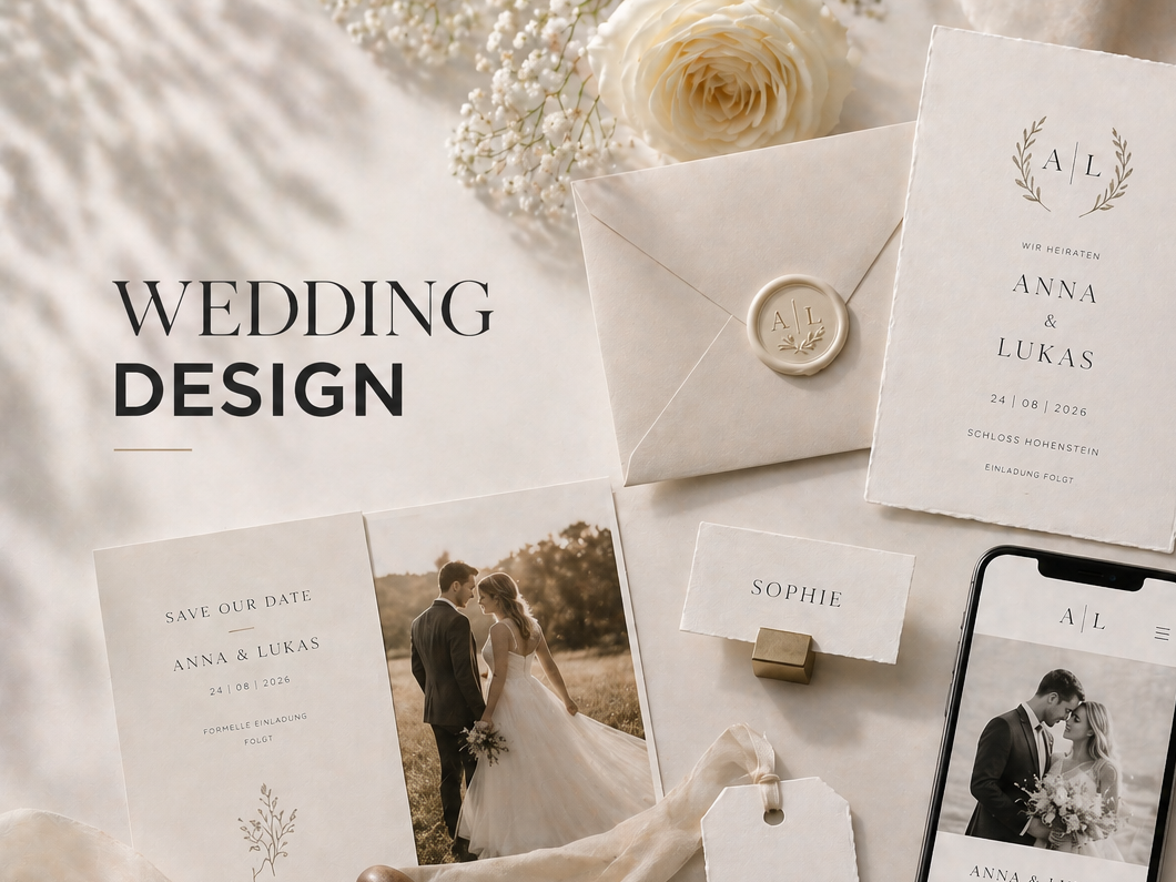 Besondere Momente verdienen besondere Designs.
Ich gestalte elegante Einladungskarten und individuelle Hochzeitsdesigns, die persönlich, mod